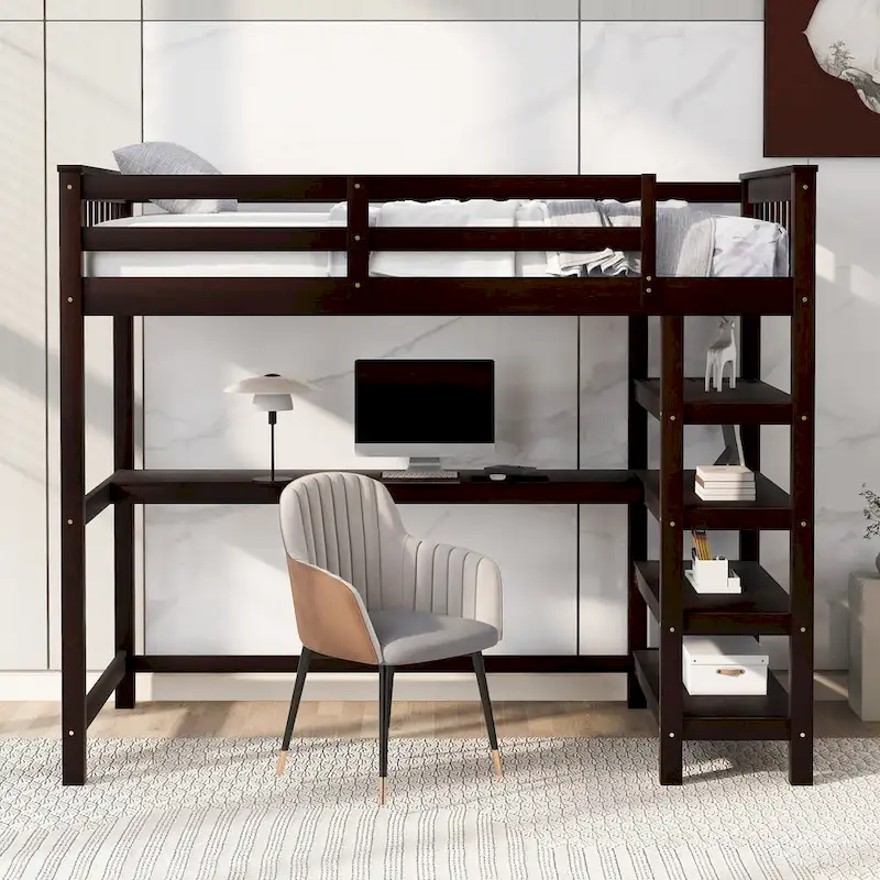 Gray / White / Espresso, Twin Loft Bed with Desk & Shelves, 1-Person