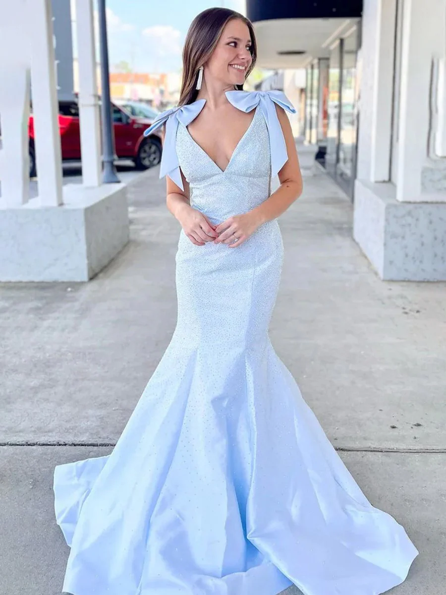 Sky Blue V Neck Mermaid Satin Long Prom Dress With Bow