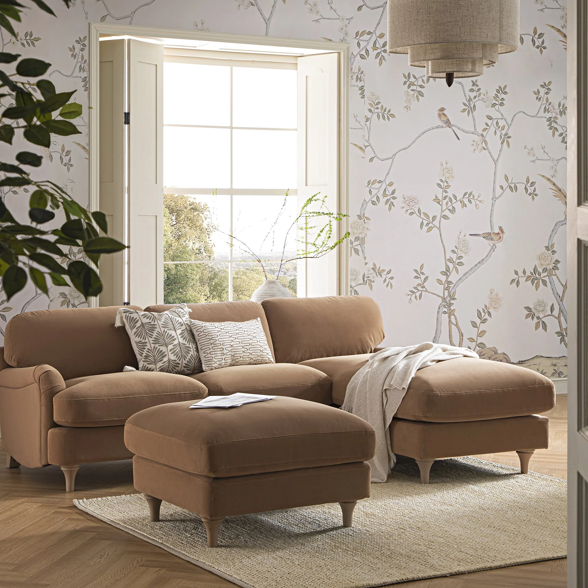 Camel Velvet Sofa, Grande Chaise Sofa Right Hand Facing
