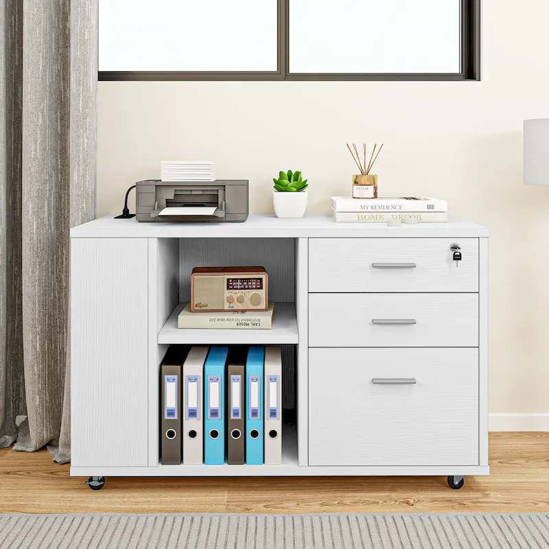 Brown Mobile Wood Lateral File Cabinet with Charging Station & Lock