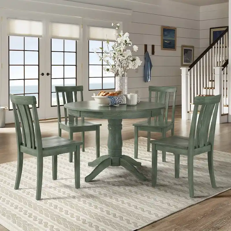 Wilmington II Round Pedestal Base Antique Sage Green 5-Piece Dining Set by iNSPIRE Q Classic
