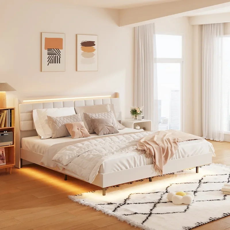 King Size Floating Upholstered Platform Bed with Hidden Storage