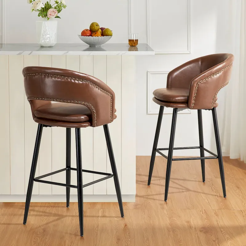 Mid-Century Modern Faux Leather Bar Stool with Nailhead Trim & Metal Legs – Black / Brown