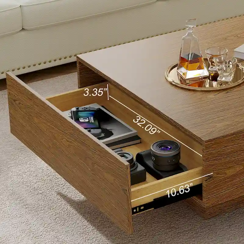 35.43 Square Wood Coffee Table with 2 Drawers, Brown Wood Texture - 35.43