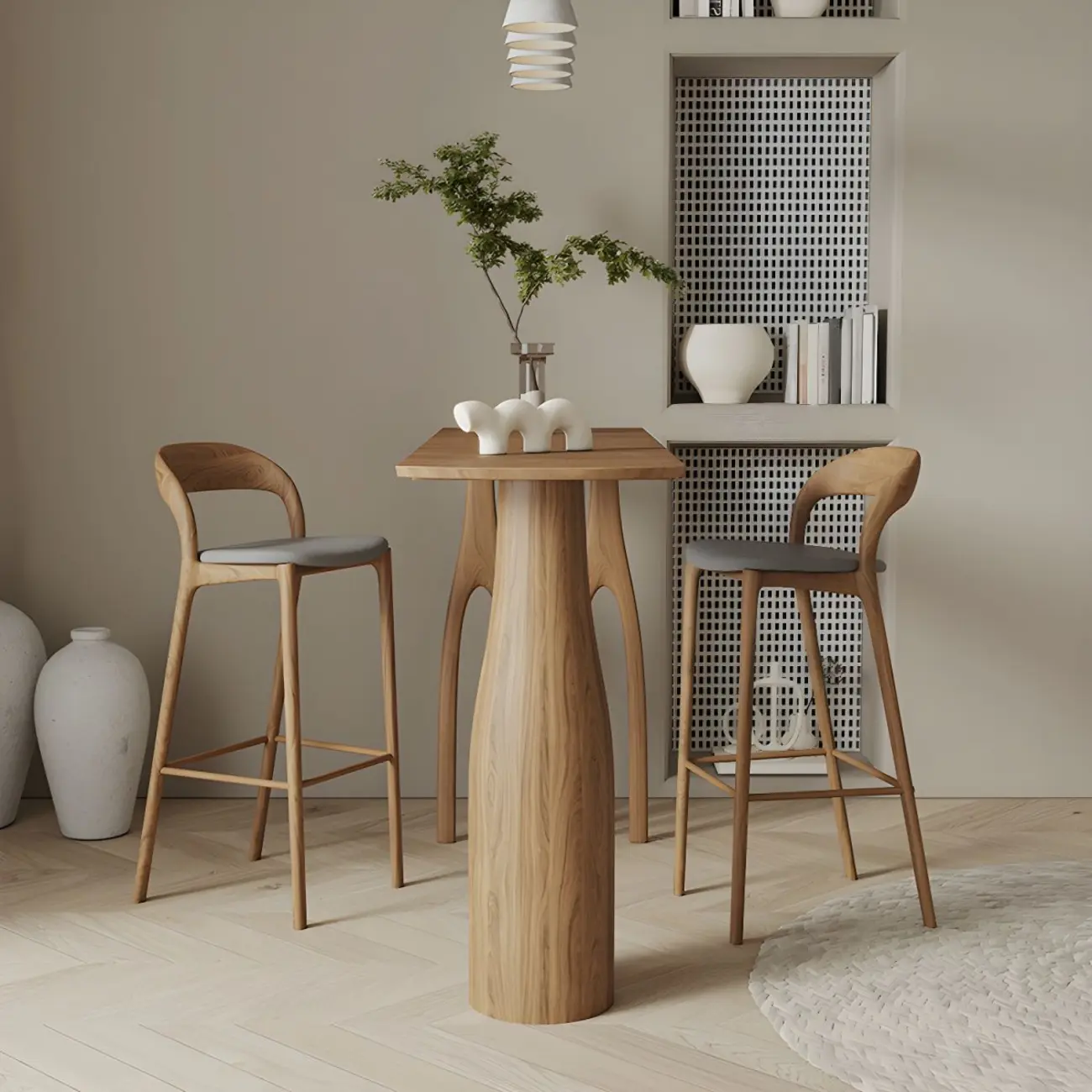 Mid-Century Modern Wood Faux Leather Bar Stool