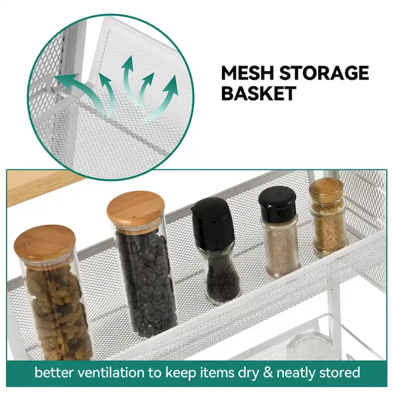 Kleio Wood Rolling Kitchen Cart with Wooden Tabletop and Mesh Baskets