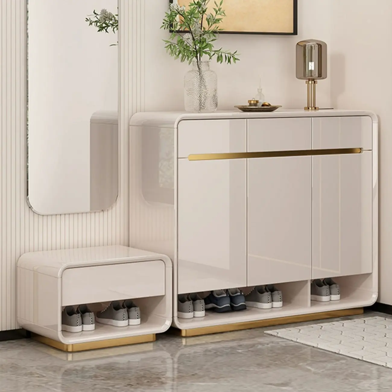 Glam Beige Solid Wood Shoe Cabinet with Display Top