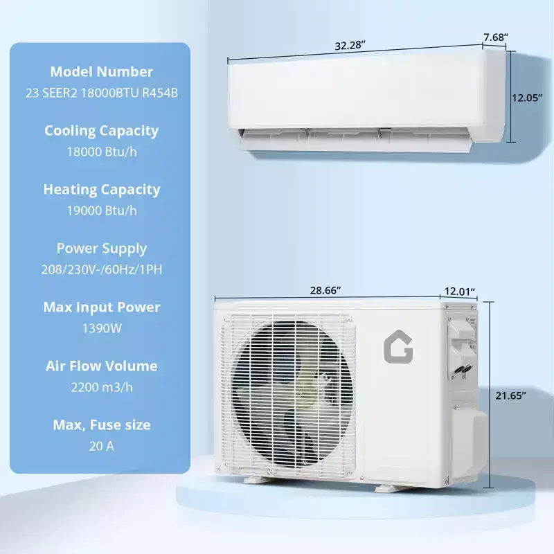 18,000 BTU AC 23 SEER, Cools Room Up to 1250 Sq. Ft, Wall Mount Ductless Mini C Heat Pump Full Set with 16ft Installation Kit Split System,White