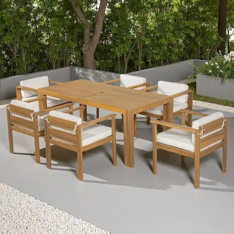 7-Piece Outdoor Patio Acacia Wood Dining Set with Umbrella Hole and 6 Cushioned Low Back Chairs