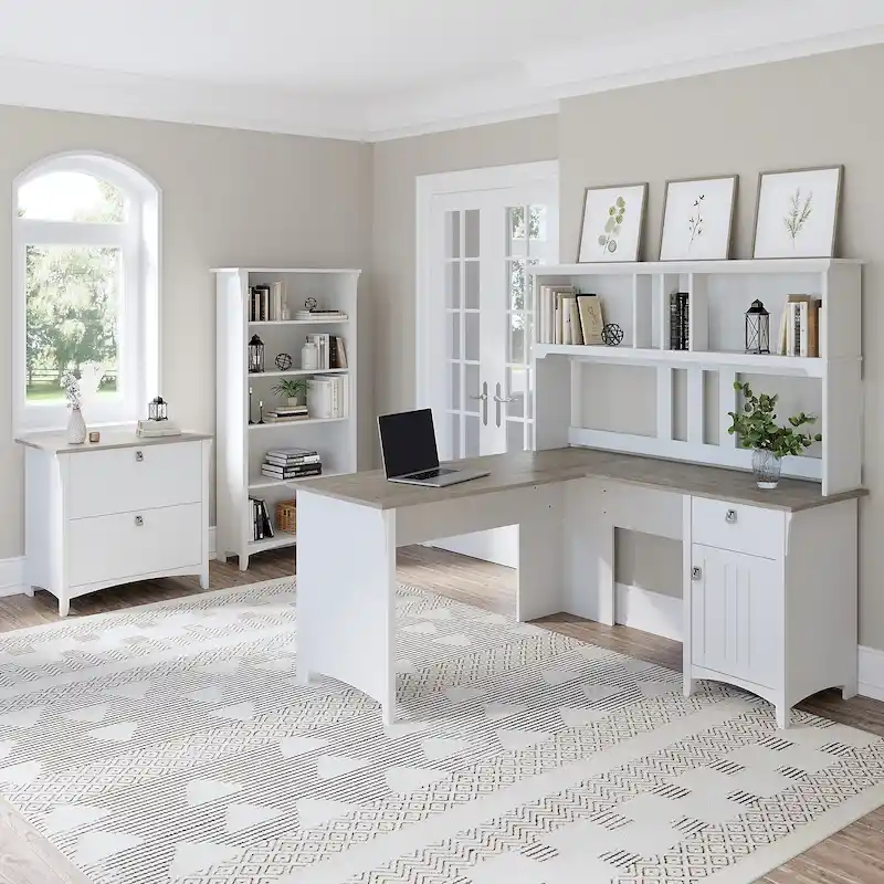 Salinas 60W L Desk with Hutch, Cabinet and Bookcase by Bush Furniture