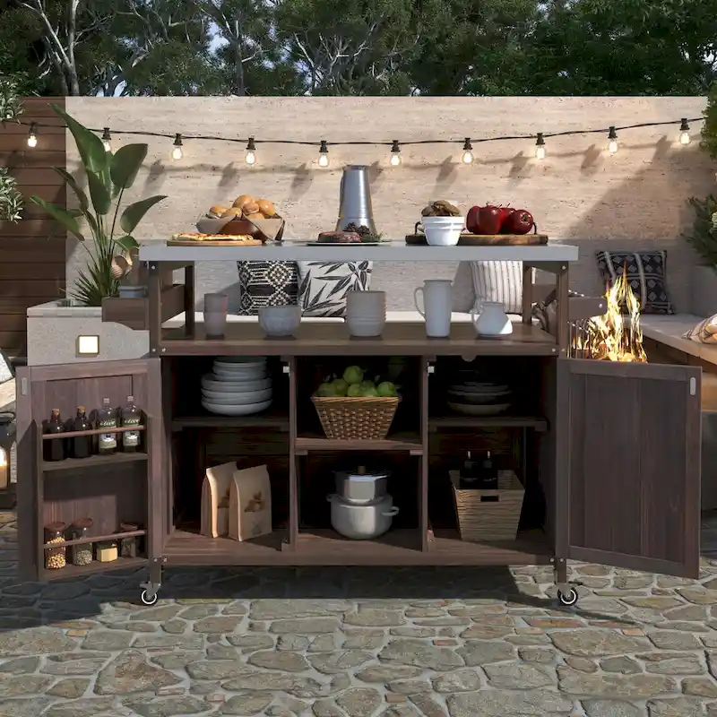 Dark Brown / Gray Blue / Natural Fir Wood Outdoor Kitchen Grill Cart, 1-Person, Stainless Steel Top