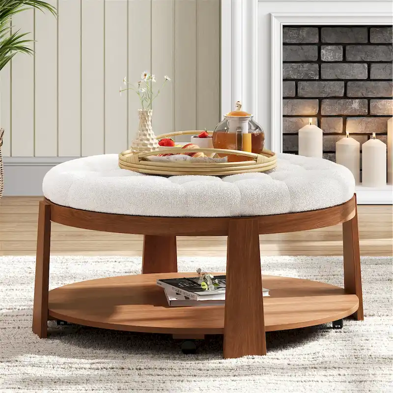 36  Round Button Tufted Upholstered Coffee Table with Wood Shelf and Wheel