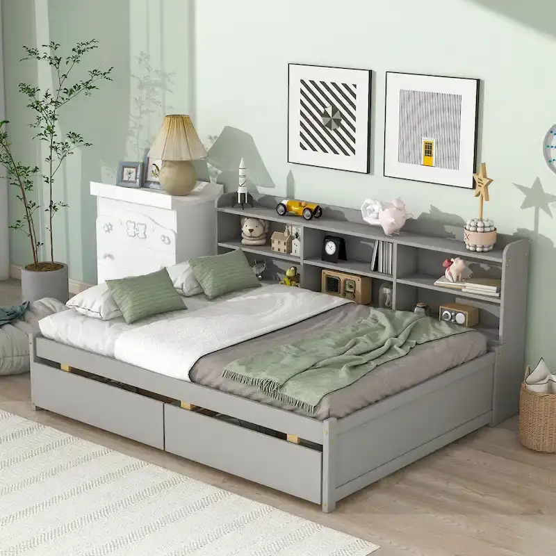 Full Bed with Side Bookcase Drawers