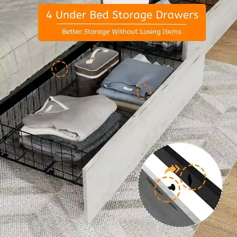 King Bed Frame with Headboard&Charging Station, 4 Drawers, LED Lights, Wood Slats, Faux Leather & Rivets, No Box Spring Needed