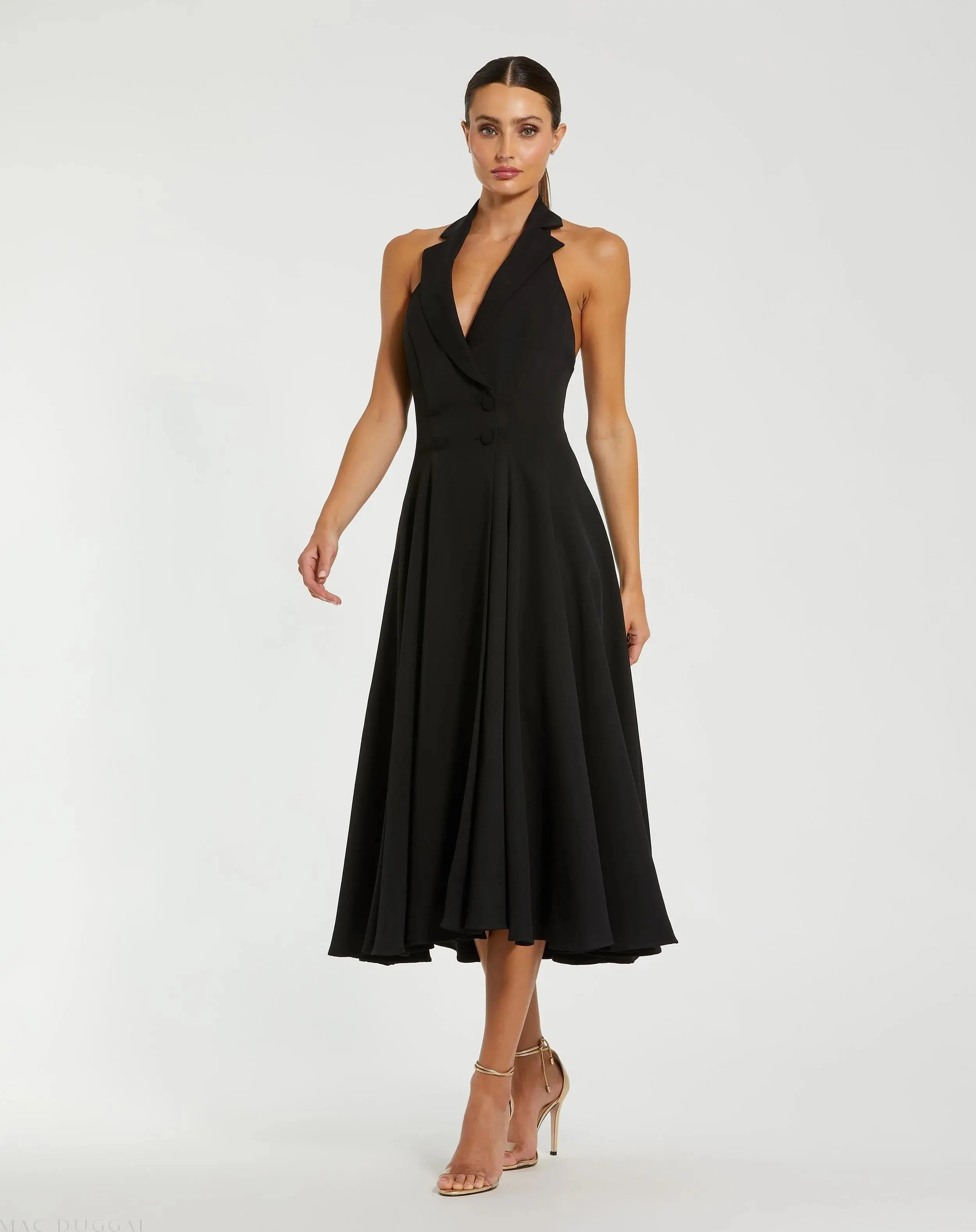 Black Crepe Sleeveless Blazer Halter Midi Dress