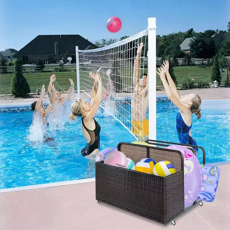 Outdoor Pool Float Storage with Wheels, Waterproof PE Rattan Poolside Organizer Basket, Rolling Patio Storage Bin, Durable Wicker Pool Storage Caddy