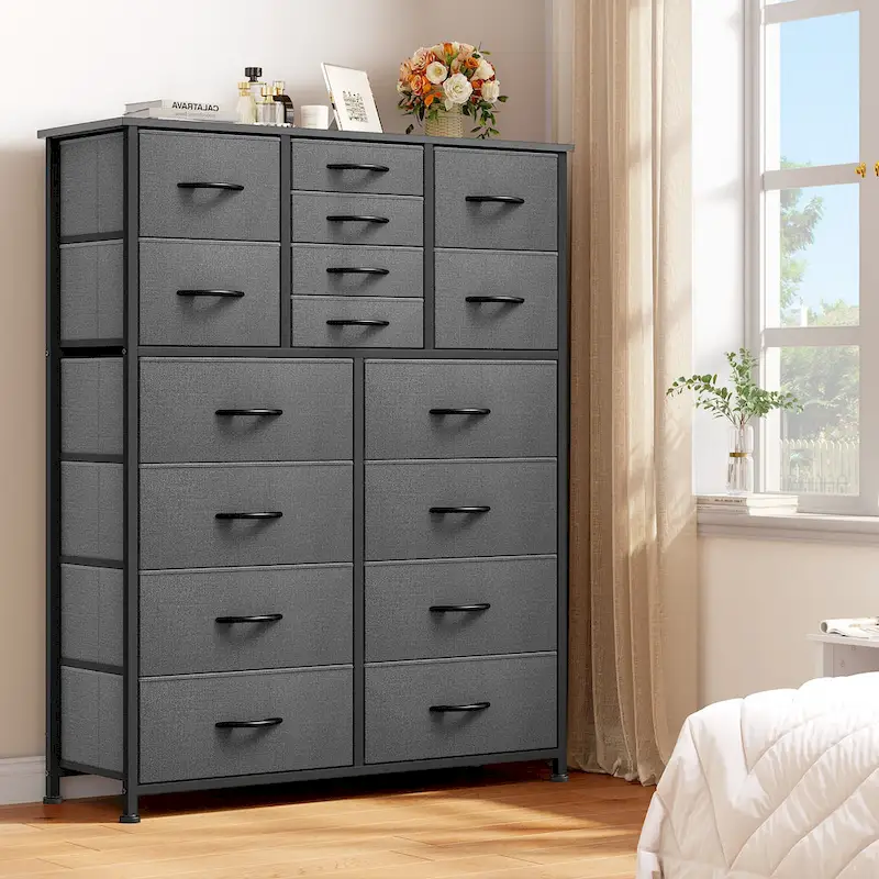 Moasis 16-drawer Dresser Chest with Metal Frame, Wood Tabletop