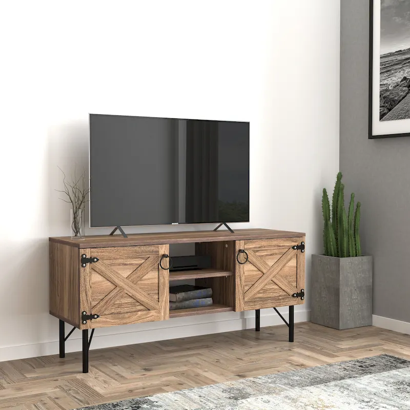 Modern TV Stand with 2 Doors Storage Cabinets, Living Room Enter nment Center