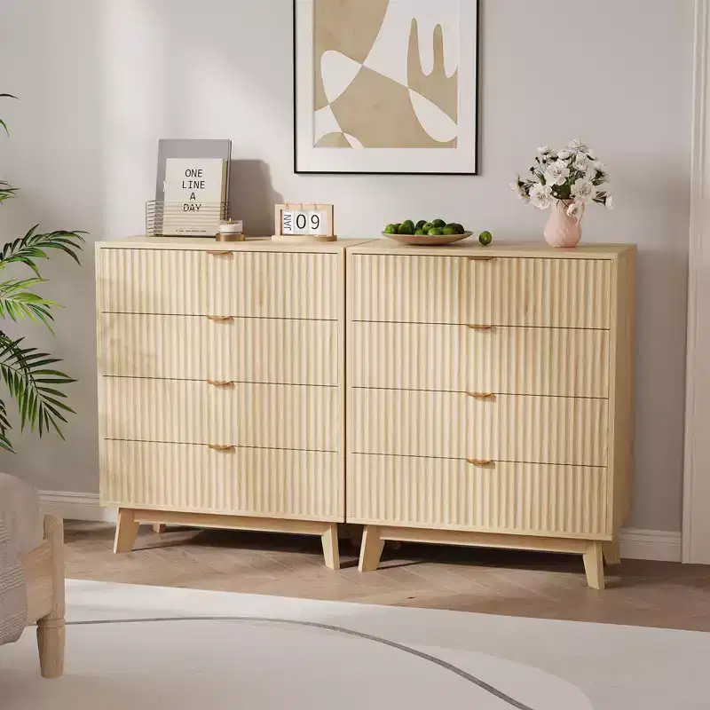 4 Drawer Dressers 2 Pack, Fluted Closet Dressers Chest of Drawers, Wood Storage Dresser Chest for Bedroom Living Room Hallway Closet,Natural