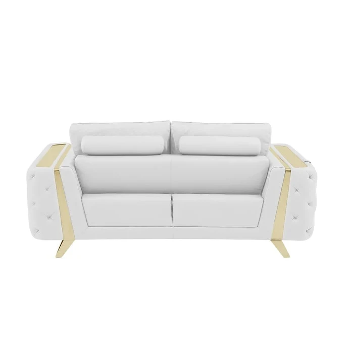 72-Inch White & Gold Genuine Leather Loveseat with Gold Metal Legs – Seats 2, 600 lb Capacity