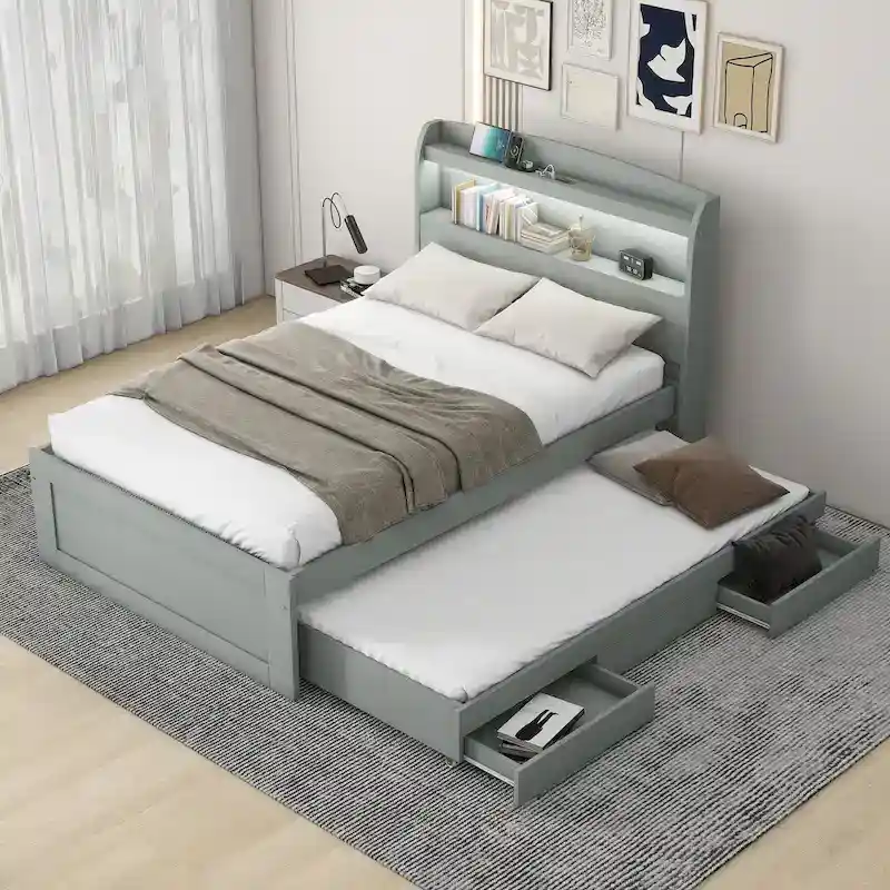 Grey / Dark Brown Twin XL Platform Bed with LED Headboard Shelves, Charging Station, Trundle & 2 Drawers