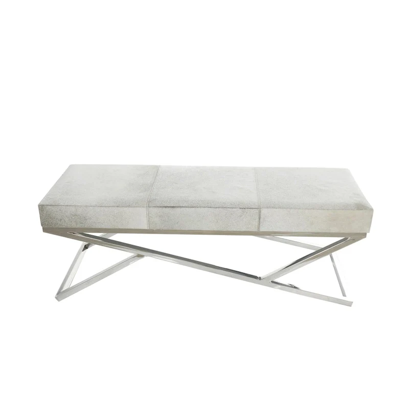 Leather Geometric Home Bench with Angled Silver Metal Base - Light Grey