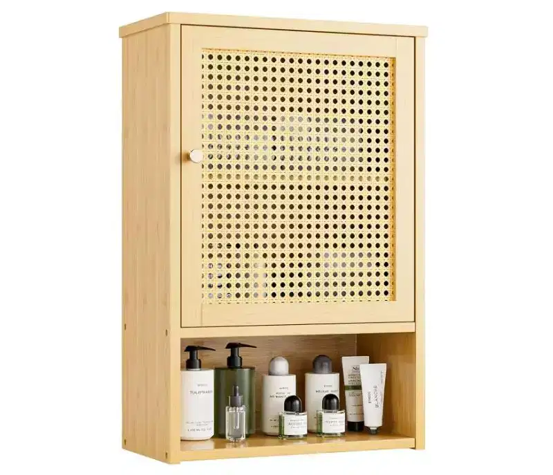 Bamboo Bathroom Wall Cabinet with Rattan Doors, Over Toilet Storage with Adjustable Shelf, Space-Saving Medicine Cabinet for Kitchen Living Room