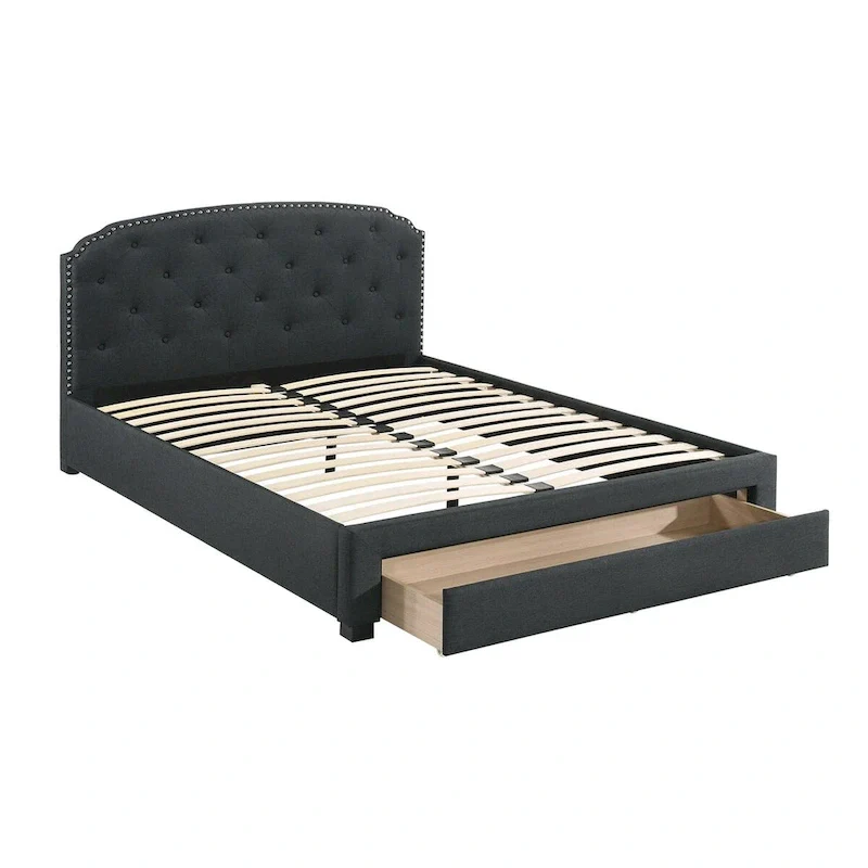 Burlap Upholstered Eastern King Bed with 1 Underbed Drawer in Charcoal