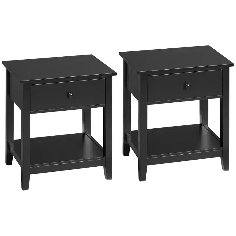 HOMCOM Side Table, Modern End Table with Storage Drawer and Shelf, Living Room, Set of 2, Black