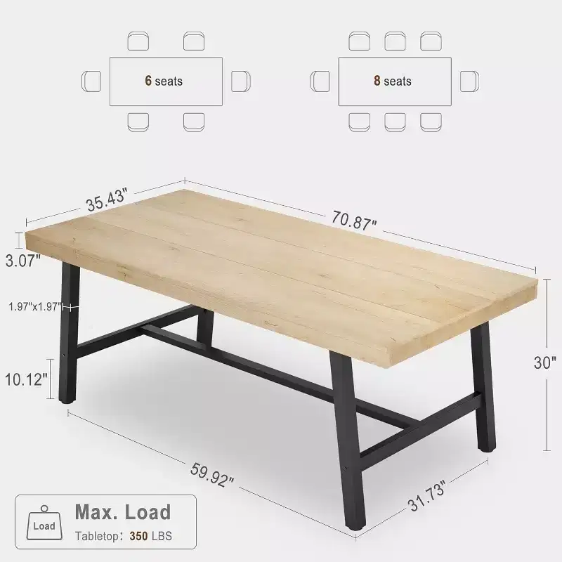 70.87 Rectangle Dining Room Table for 6-8 People, Strong Metal frame Modern Industrial Kitchen and Dining Room Table