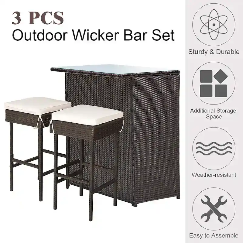 3PCS Patio Rattan Wicker Bar Table and Stools Dining Set, Cushioned