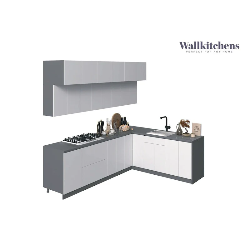 White Gloss Modern Kitchen Cabinet Set, 9 ft Wide
