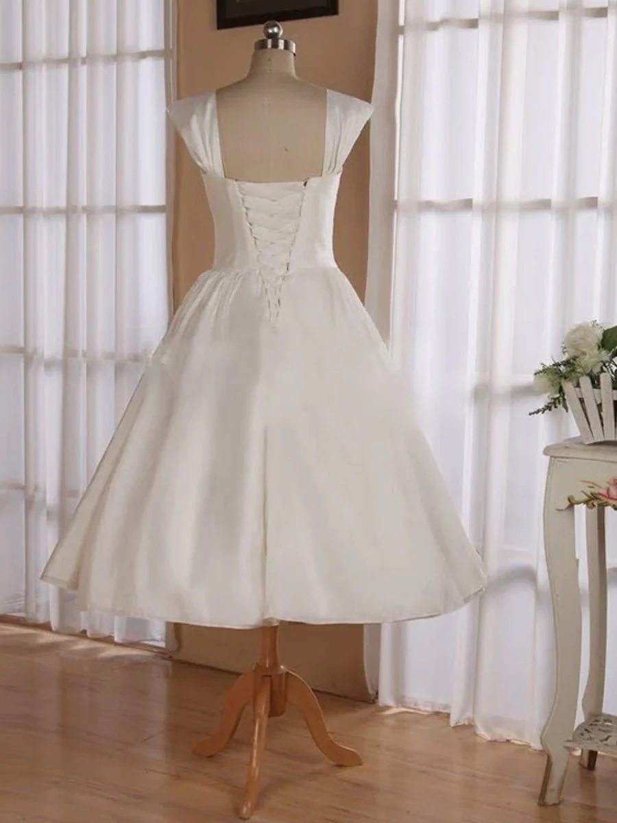 Straps Sleeveless Lace-Up Back Tea-Length Satin Wedding Dress