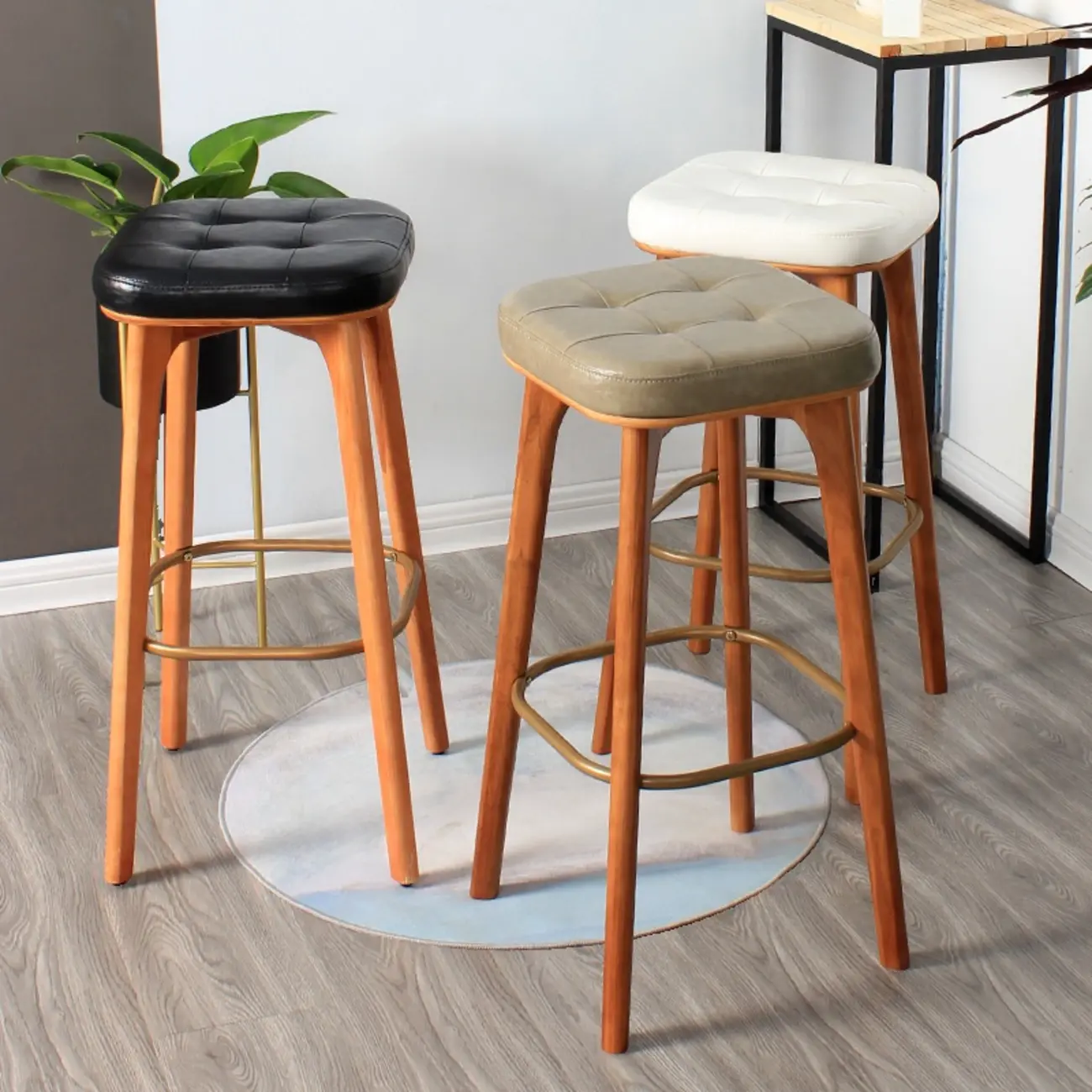Rustic Brown Square Leather Wooden Bar Stools with Backs