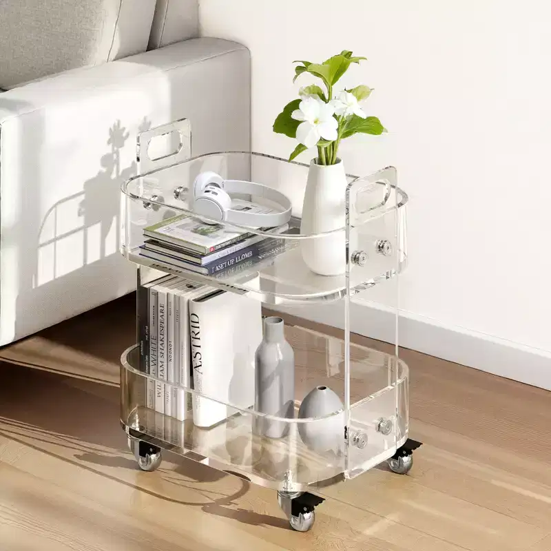 VEVOR Acrylic Table with Wheels, 2 Tiers Mobile Cart Table, Modern Rolling Acrylic Storage Desk, Clear Nightstand Side End Desk,12x16.3x18.9 in,Clear