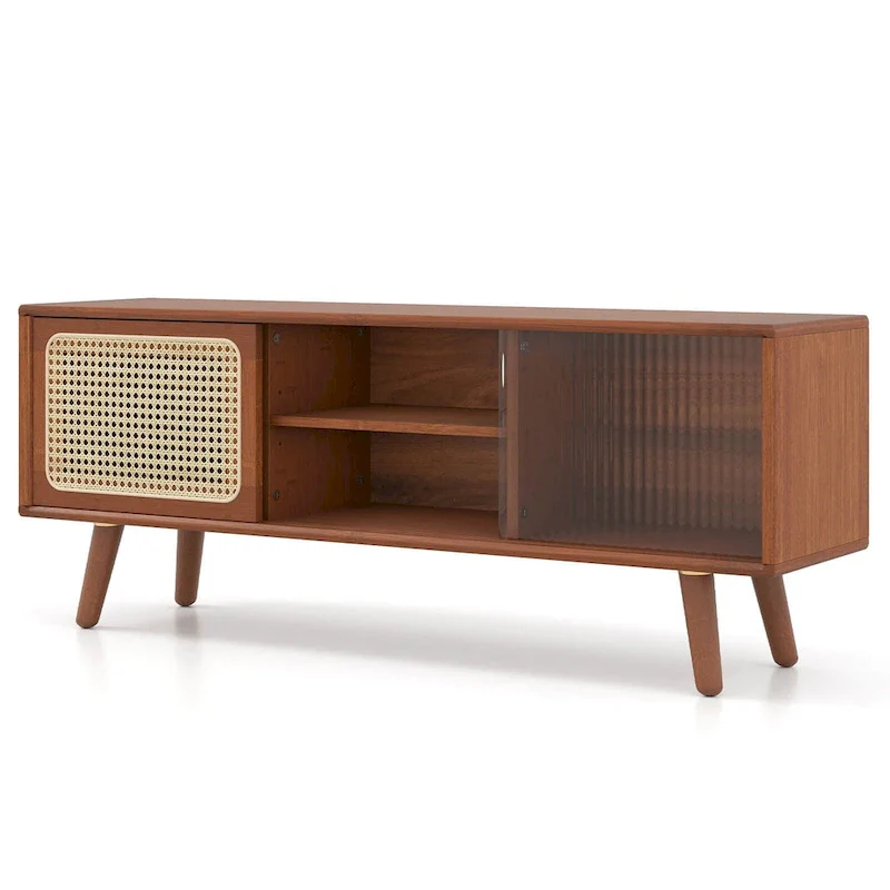 Mid-Century TV Stand with Rattan Sliding Doors, Brown/Natural, 47.5