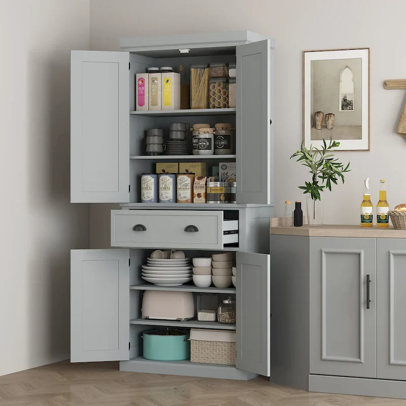 HOMCOM 72 Freestanding Kitchen Pantry Cabinet, Tall Storage Cabinet with 2 Door Cupboards, Drawer and Adjustable Shelves