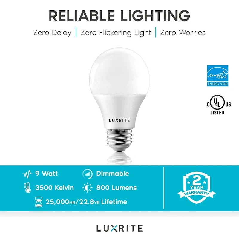 Luxrite A19 LED Light Bulb 60W Equivalent 3500K 800 Lumens Dimmable 9W Enclosed Fixture Rated E26 Base 16 Pack