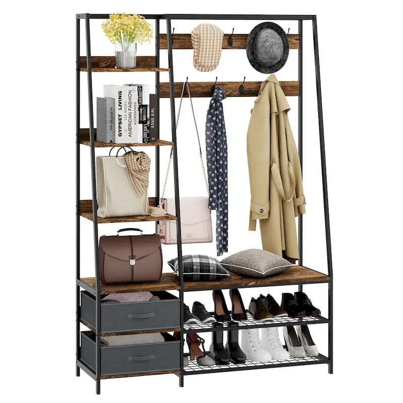 Gymax 6-in-1 Freestanding Hall Tree Coat Rack w/ Bench & Fabric