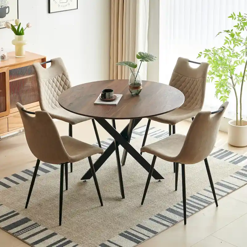 Modern Style 5-Piece Dining Set with Round Table and 4 Grid Dining Chairs