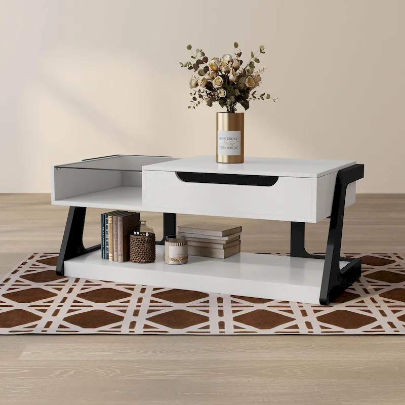 White & Black Contemporary Lift-Top Coffee Table with Lower Shelf - Single Use