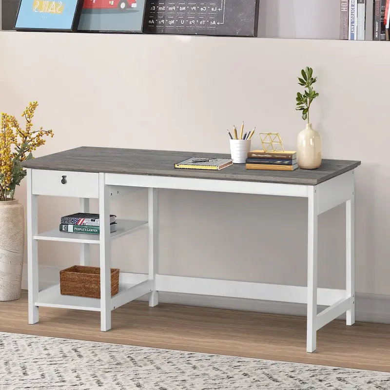 Driftwood & White Farmhouse Writing Desk with Drawer & Shelves, 1-Person