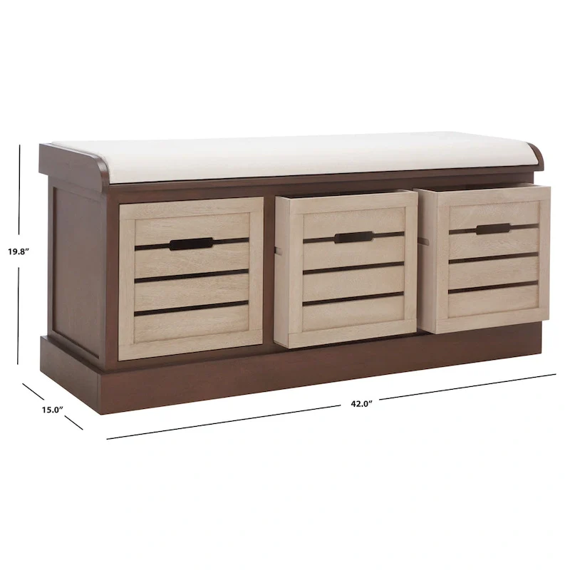 SAFAVIEH Mozella 3-Drawer Cushion Bench - 42 W x 15 D x 20 H - 42Wx15Dx20H