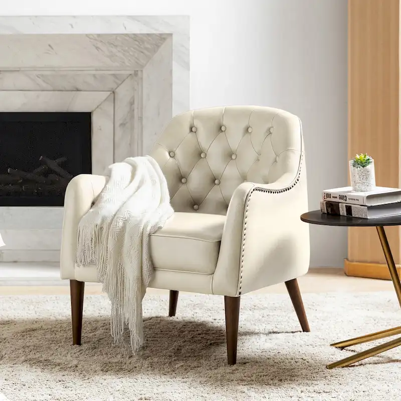Melisa Classic Genuine Leather Wood Legs Barrel Chair With Tufted Back By HULALA HOME