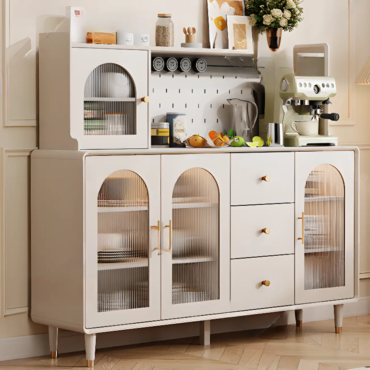 White 3-Drawer Glass Countertop Wood Sideboard