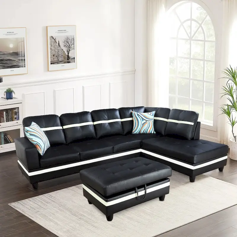L-Shape Semi PU Leather Living Room Sofa Set with Ottoman,3-Piece