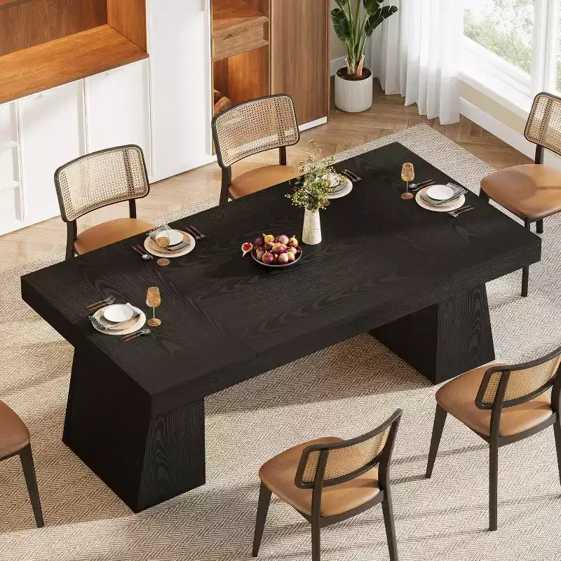 Lantine 55-Inch Black Farmhouse Rectangular Dining Table with Double Pedestal for 4-6 People, Wood Furniture for Home Dining Room, Small Space