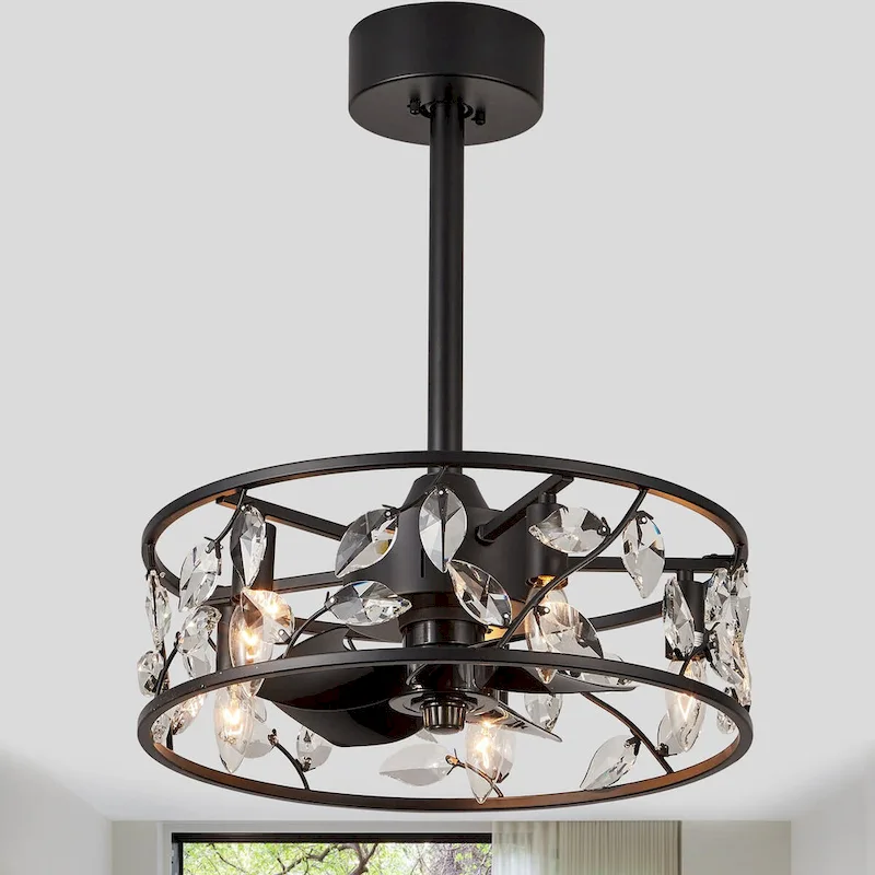 Cusp Barn 18in. Modern Crystal Caged Ceiling Fan With Light, Industrial Metal Shade Reversible 6-Speed Ceiling Fan With Remote