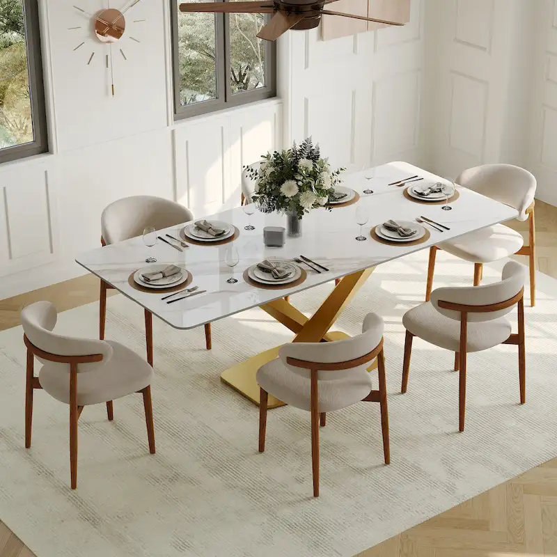 Modern Rectangular Dining table with Glossy Sintered Stone Table top, White Kitchen Table