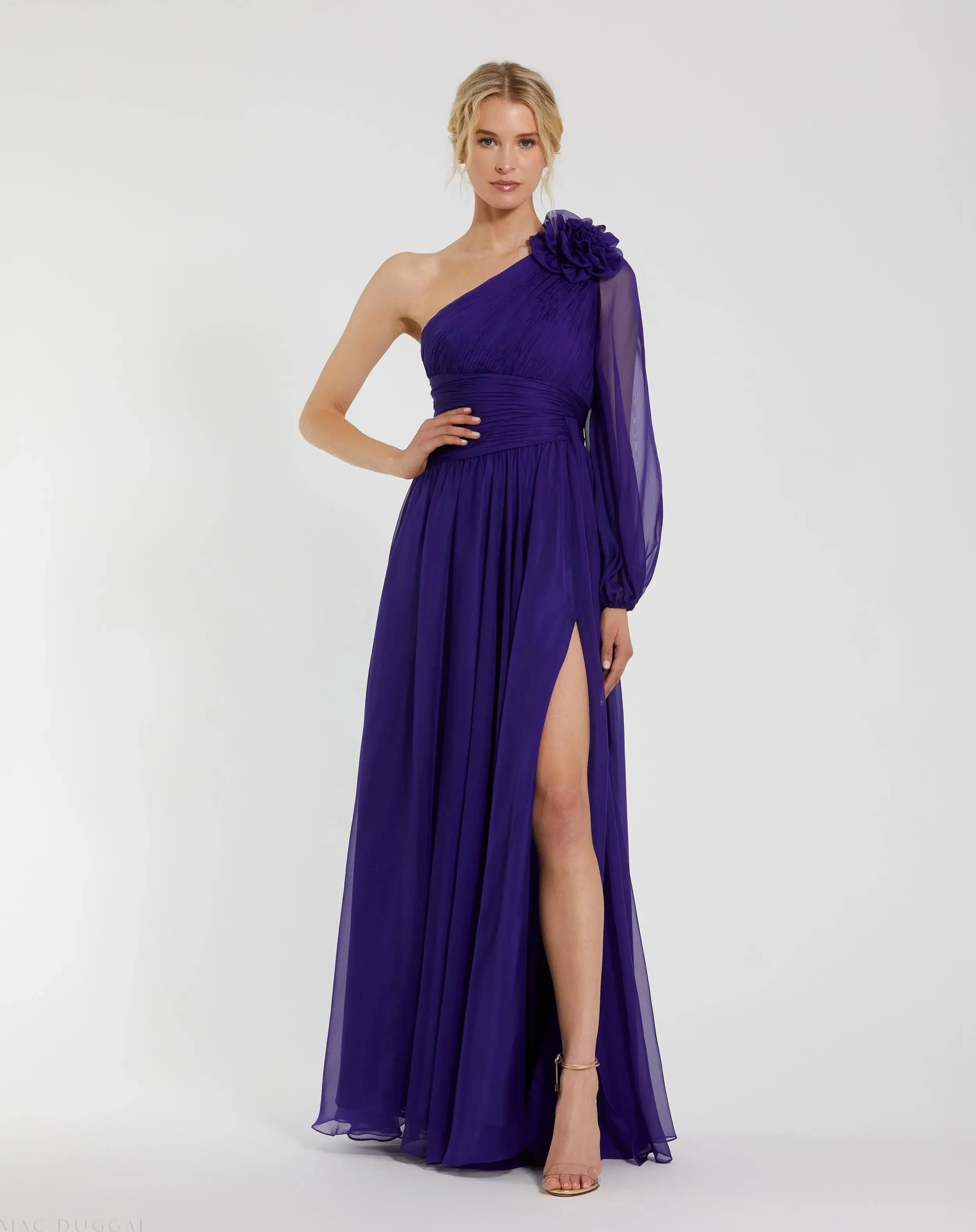Purple One Sleeve Ruched Chiffon Gown With 3D Flower
